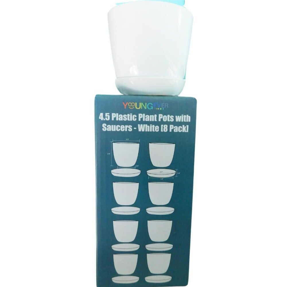 8 Pack 4.5" Plastic Plant Pots with Saucers - White